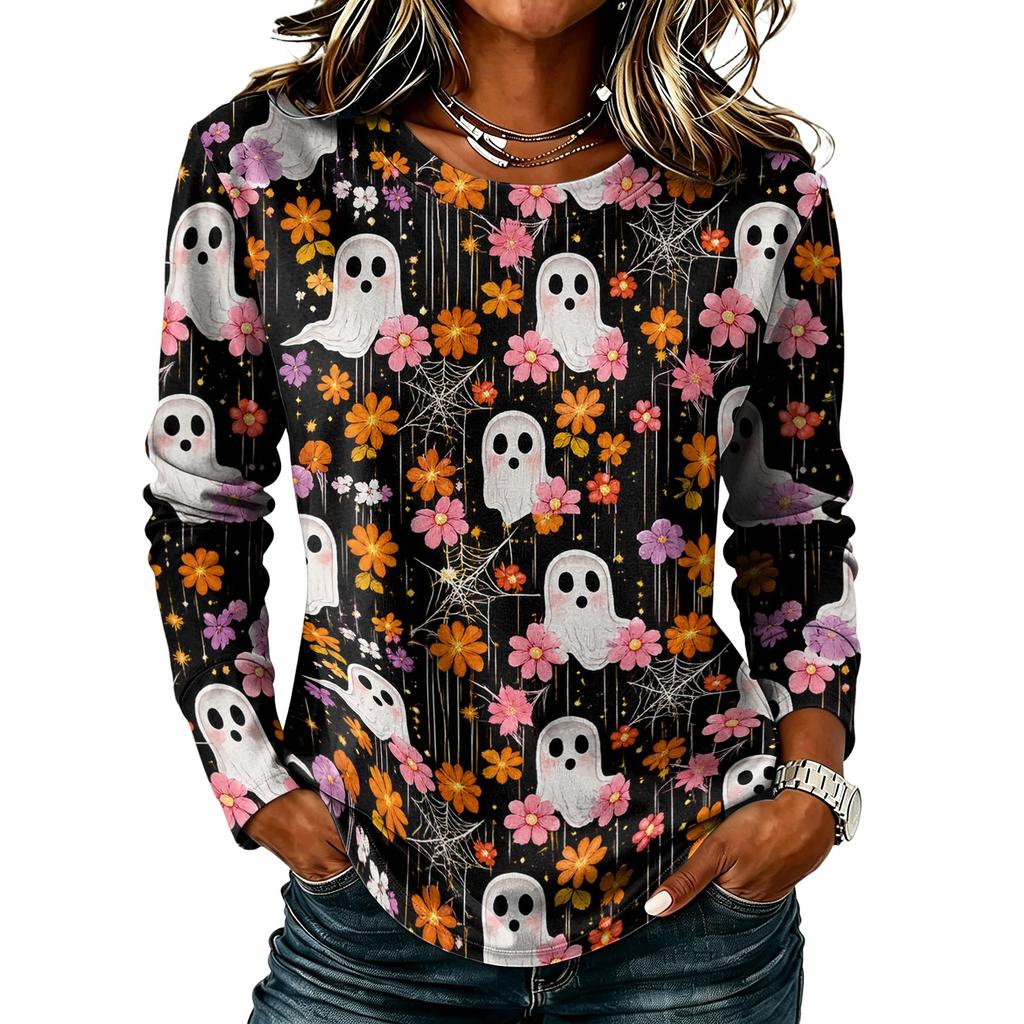 Women's Long Sleeve Top with Round Neck and Halloween Print for Casual Wear and Party