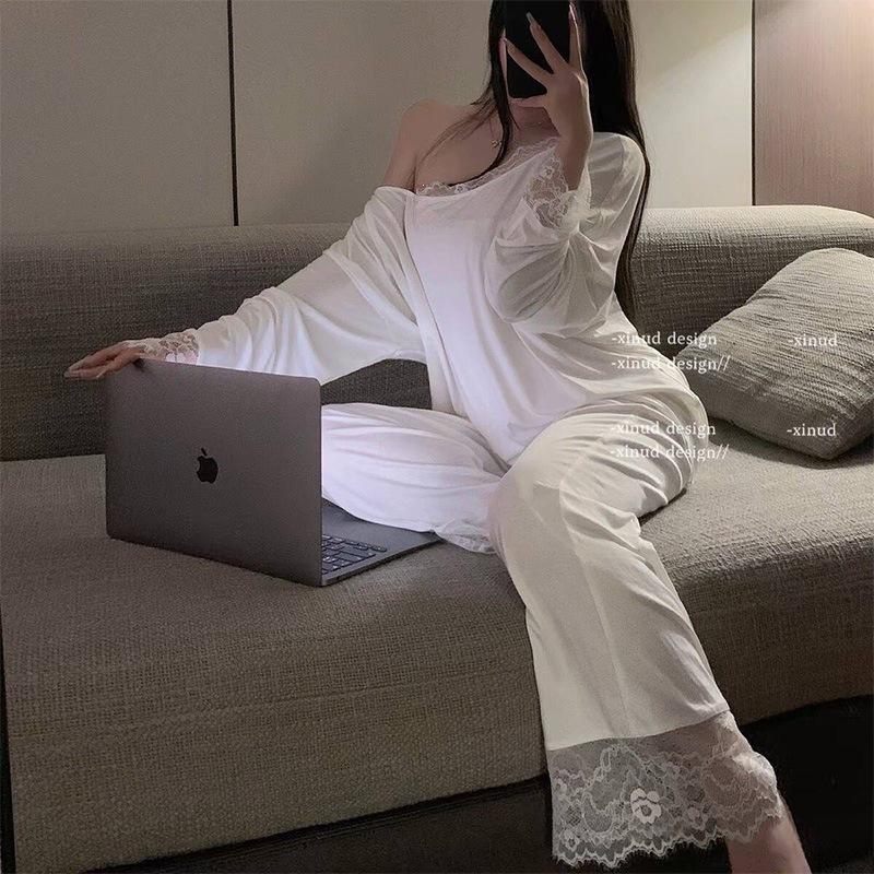 

Modal pajamas women s spring and autumn new long-sleeved trousers slanted shoulders sexy lace loungewear suit with chest pads M
