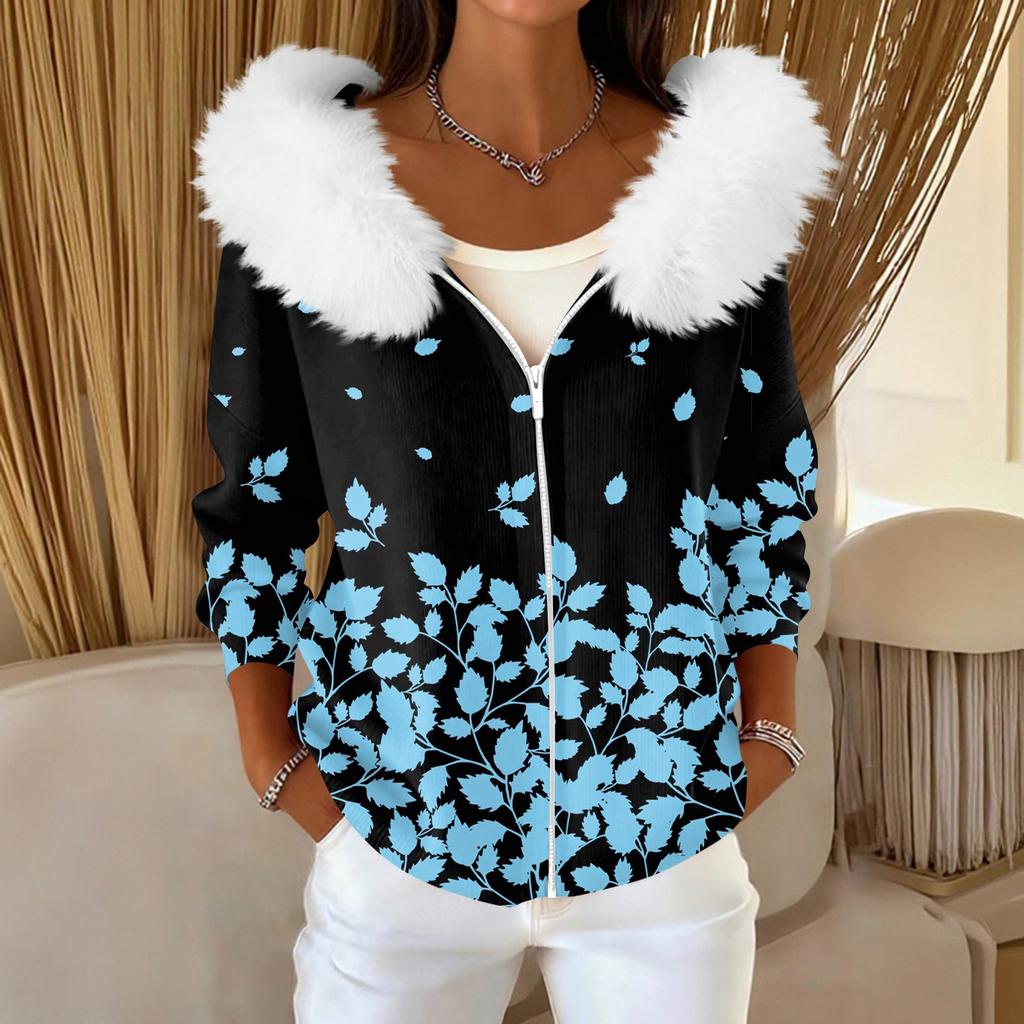 Pulover Casual de Damă la Modă cu Fermoar, Cardigan cu Imprimeu, Jachetă cu Glugă Plușată