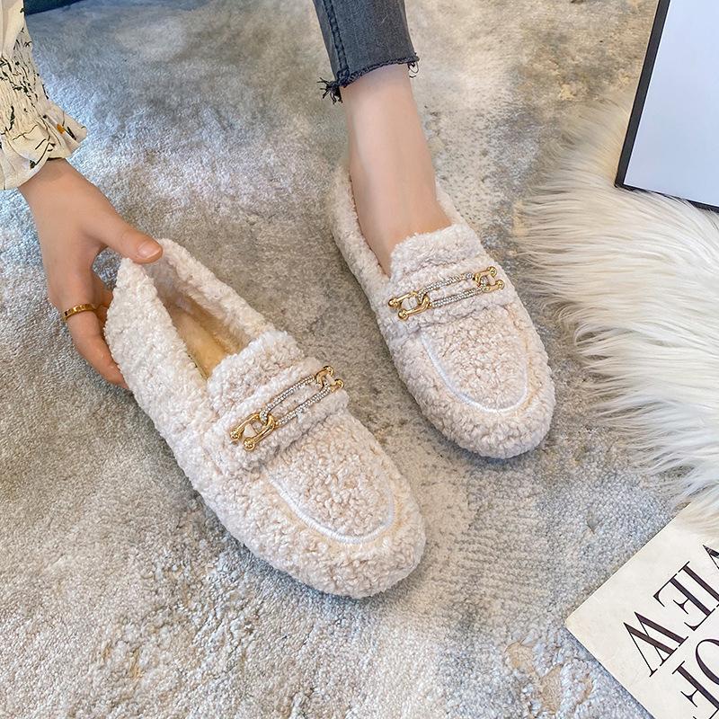 Fashion Crystal Metal Chains lambwool moccasins winter shoes woman warm curly fur flats female furry cotton snow boots shoes big size 43
