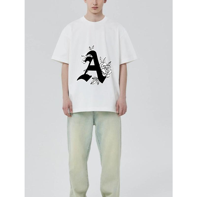Black T Shirt with Letter A and Rose Floral Print for Casual Wear
