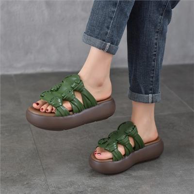 Zapatillas de plataforma ligeras de cuero genuino retro de piel de vaca para mujer
