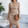 Women Fall Winter Sexy Hollow Out Solid Color Long Sleeve Knit Slim Chic Dress S-L