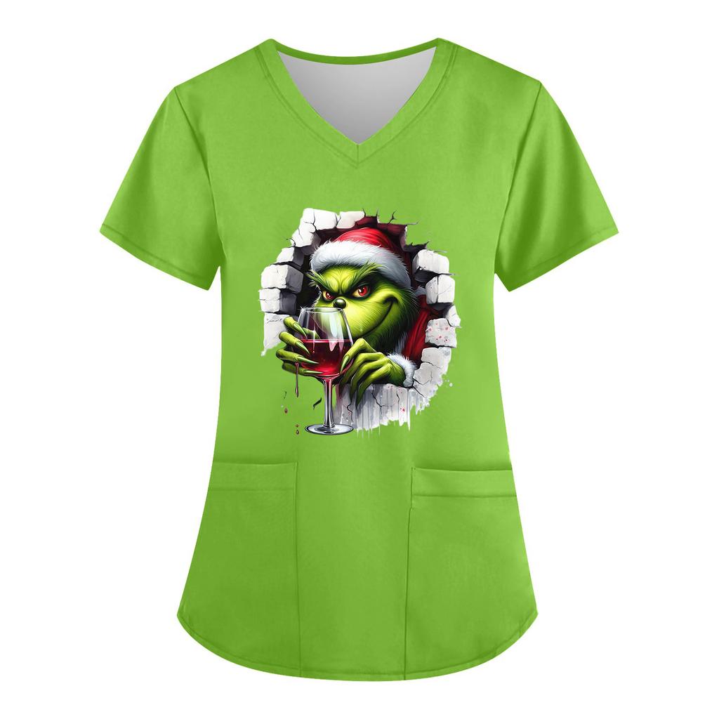 Women's V-neck Christmas Print Short-sleeved Pocket Side Slit Uniform Top