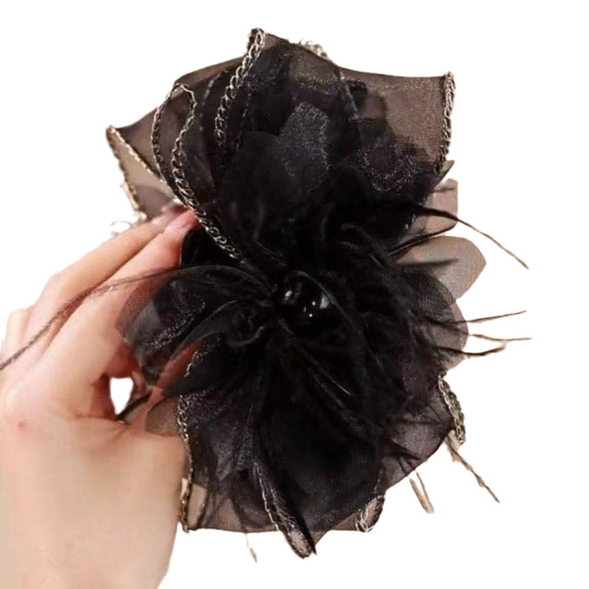 

Vintage Mesh Bow Feather Claw Clip Headwear – High-End Shark Clip Hair Accessory Gold-Edged Bow Feather Claw Clip (13CM)
