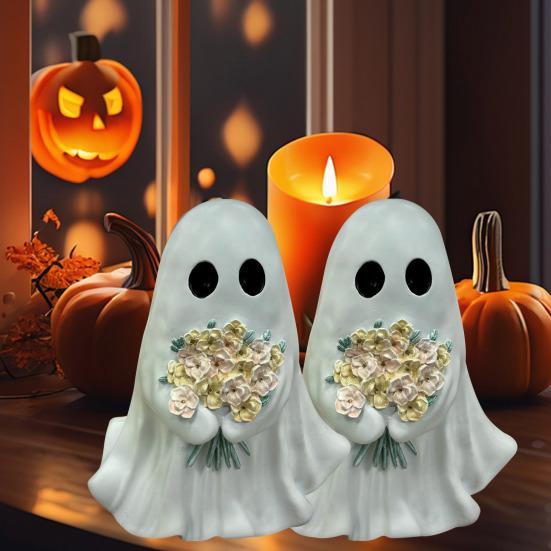 Halloween Ghost Figurine Small Resin Ghost Holding Flower Statue Cute Ghost Tabletop Decor for Halloween Porch Indoor Outdoor Decoration