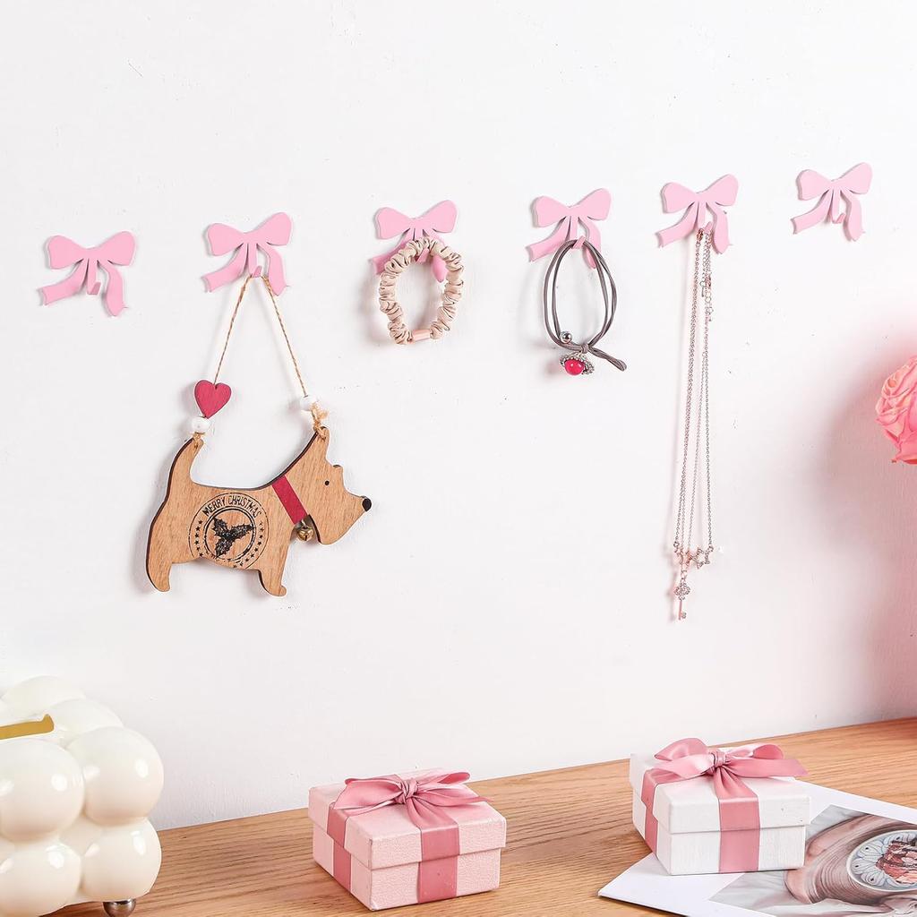 6 Pcs Pink Bow Decorative Wall Hooks Metal Strong Adhesive Wall Door Hanger Coquette Room Decor Cute Towel Coat Hooks Preppy Hanging Decor for Home