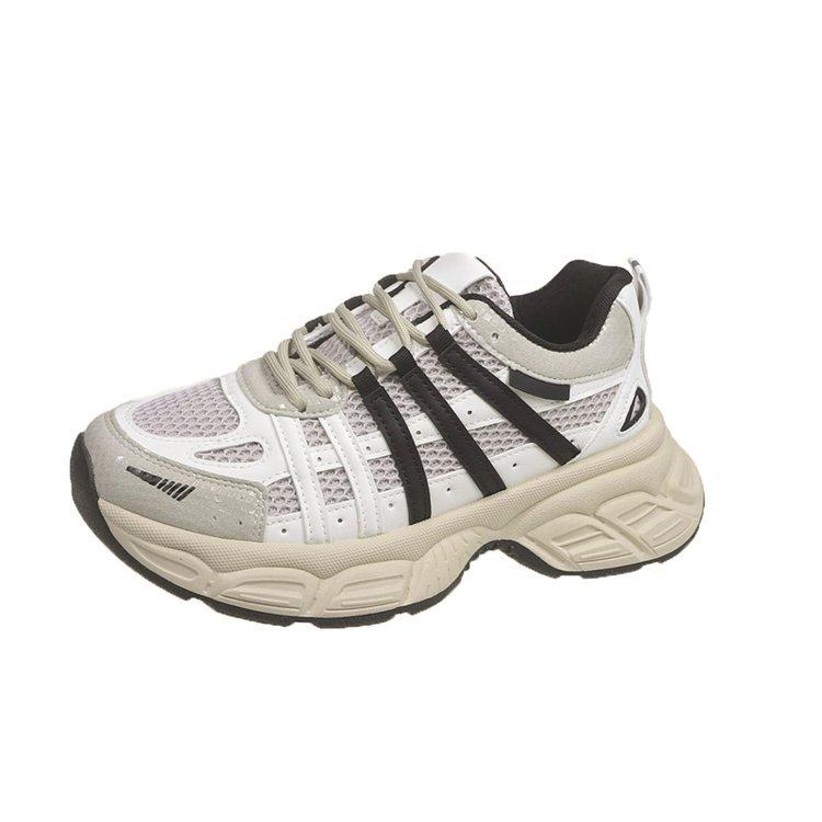 2025 new women's shoes breathable mesh leather dad shoes thick sole old sports casual shoes lace up dirty single shoes