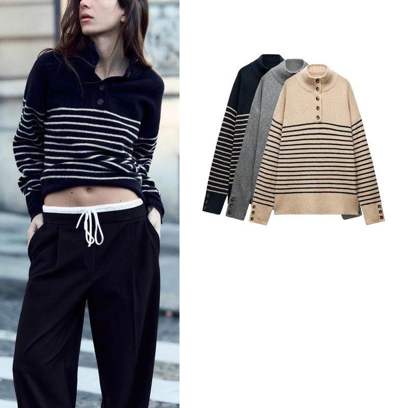 Fall and Winter New Women's Clothing Fashion Wind Decorated Row Button Stripes Stand Collar Long Sleeves Knitwear Sweater 1509107