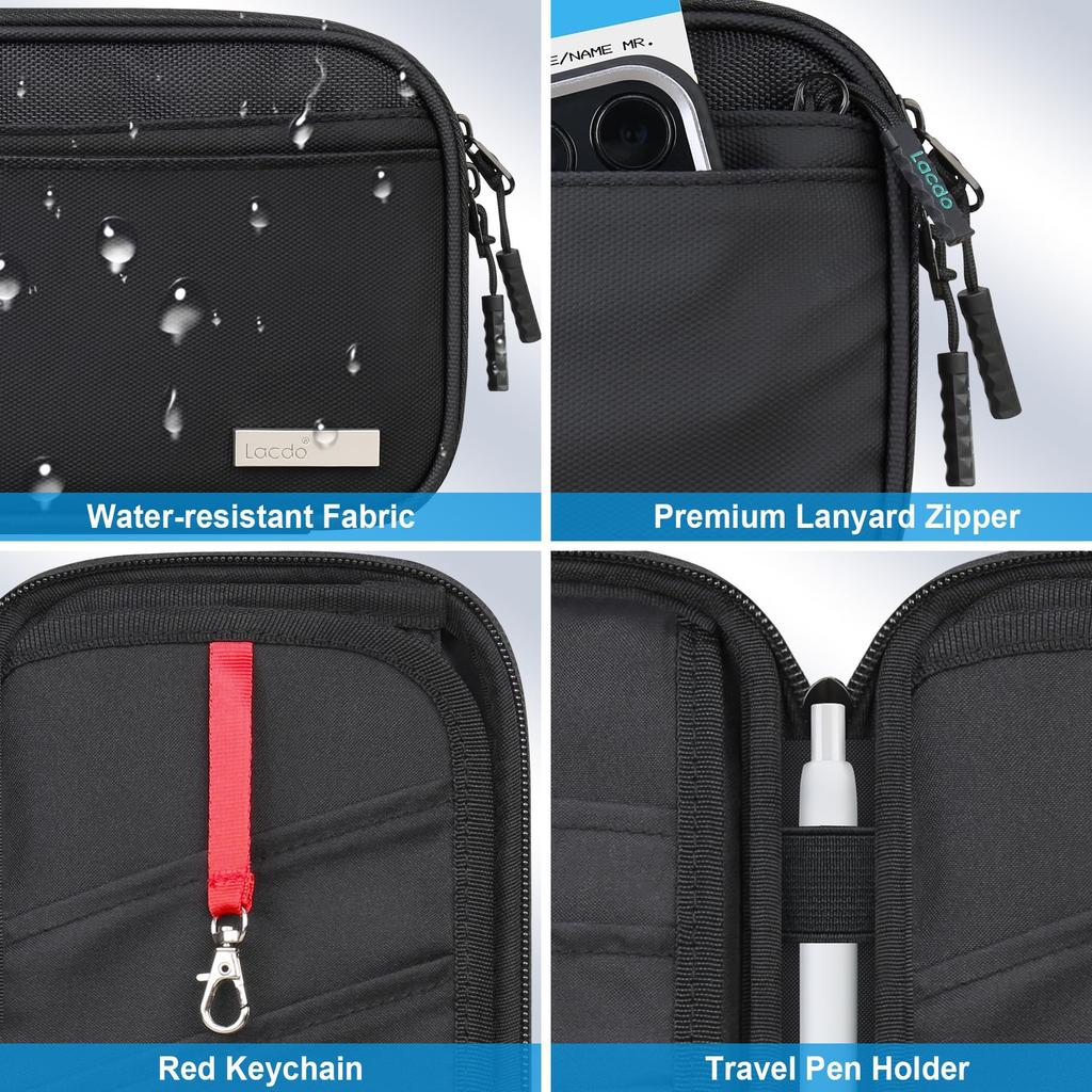 Lacdo Passport Family Passport Wallet for Women and Travel Document Credit Card Case Water with Detachable Wrist Neck Portable Travel Black Holder,