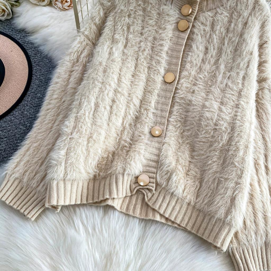 Autumn Winter Women Casual Turtleneck Single Breasted Furry Mohair Knitted Sweater Cardigans Tops Jacket Coat