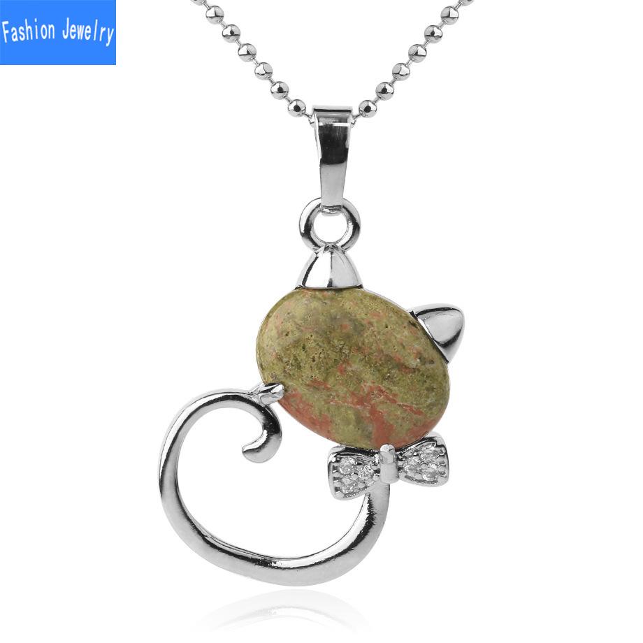 Natural Stone Cute Cat Pendant Multicolor Semi Gem Personalized Necklace