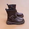 2025 Autumn/Winter Girls' Mid-Calf Leather Boots with Side Zipper and Velvet Lining