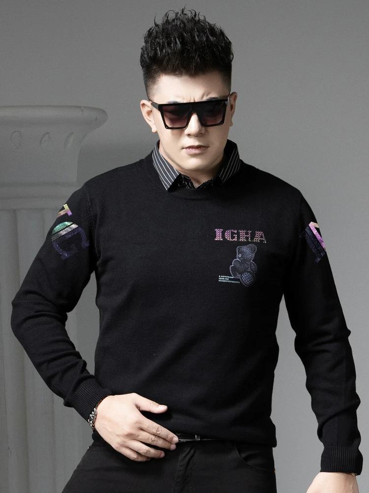 European-Style Fake Two-Piece Sweater for Men, 2025 Autumn and Winter New Trendy Brand Bear Print Round Neck Knitted Base Shirt for Men