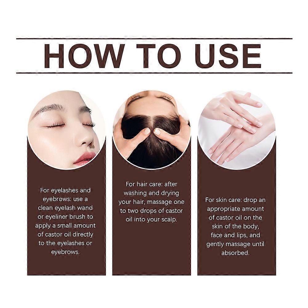 Organic castor oil nourishes the body's skin, moisturizes eyebrows and hair. Massage care oil
