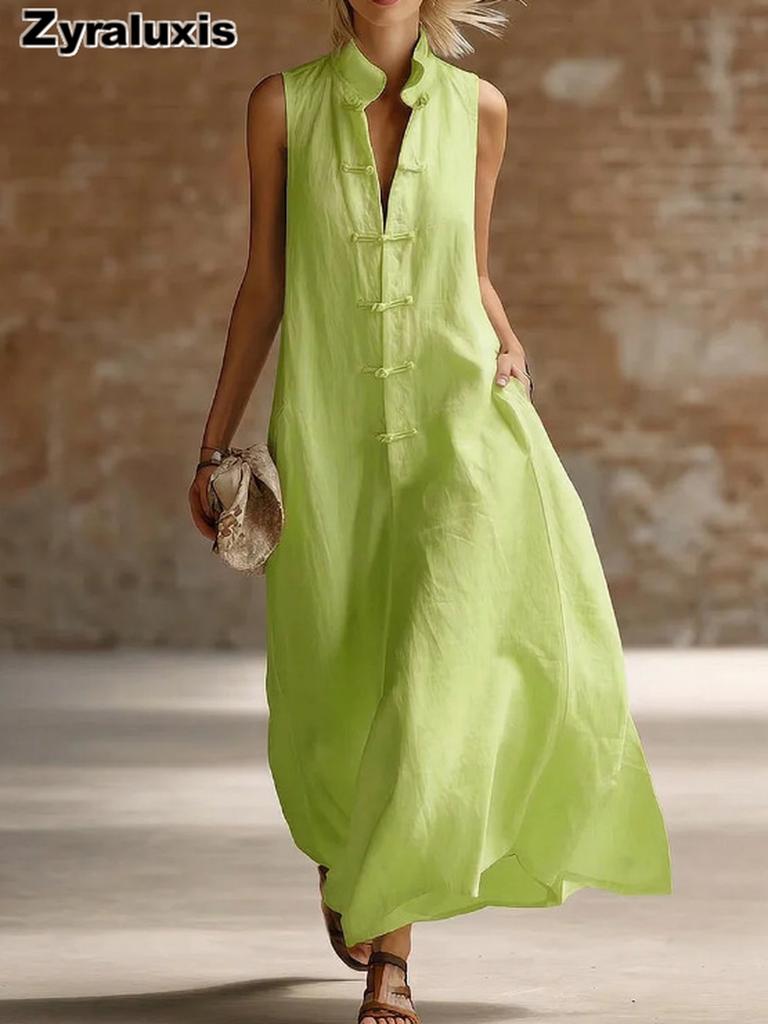 Summer New Solid Women's Linen Long Sleeveless Dress