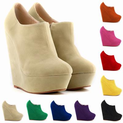 Round Head Waterproof Platform Pumps Fashion Side Zipper Ladies Short Boots Black Slope Heel Women's Shoes Platform Botas Mujer