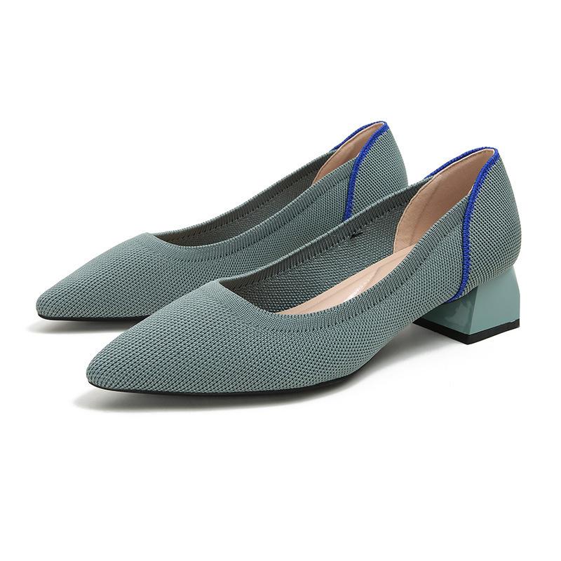 

New thick heel knitted shoes temperament versatile fashion leopard print color matching pointed shoes woven shoes 40