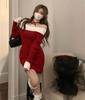 Herbst Rot Mini Weihnachten Kleid Frauen Koreanischen Stil Slash Neck Langarm Bodycone Gestrickte Korsett Kleider Winter