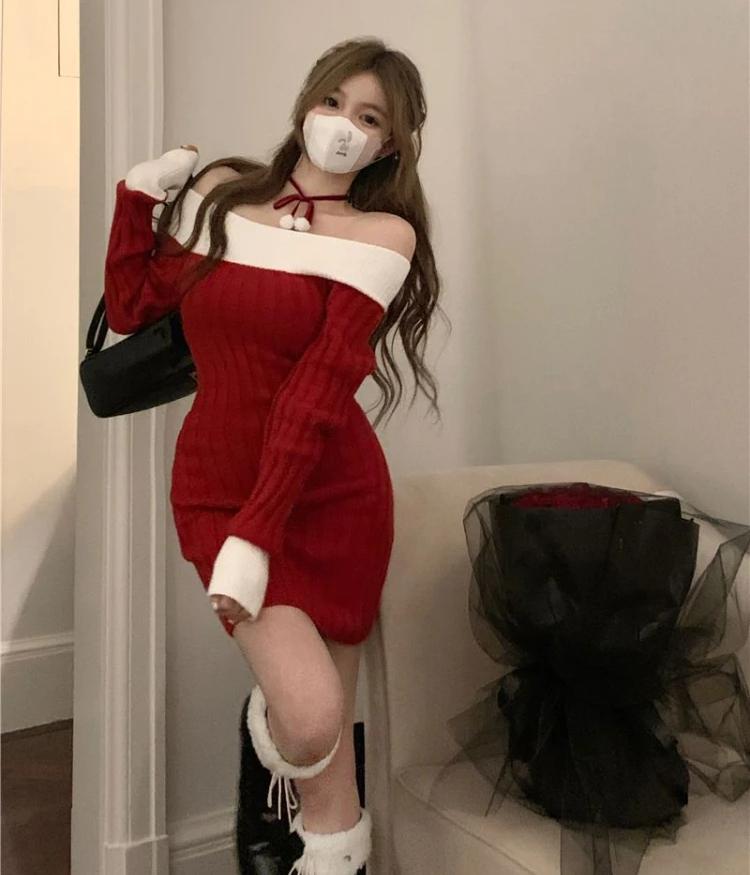 Herbst Rot Mini Weihnachten Kleid Frauen Koreanischen Stil Slash Neck Langarm Bodycone Gestrickte Korsett Kleider Winter