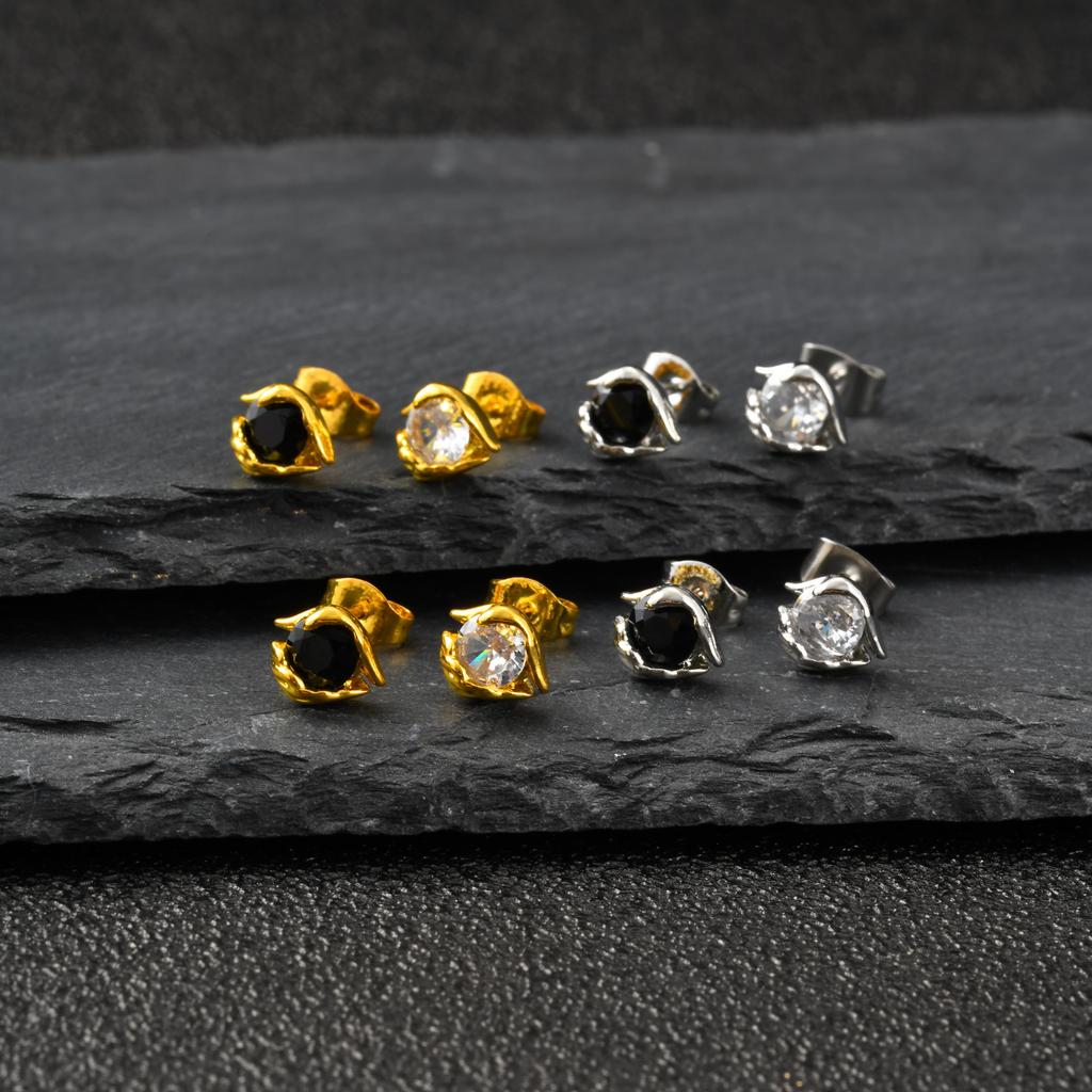 Vnox Copper Black White Zircon Stud Earrings for Men Women, Gold Silver Color Pierced Earring, 7x8.6mm Minimalist Jewelry Gifts