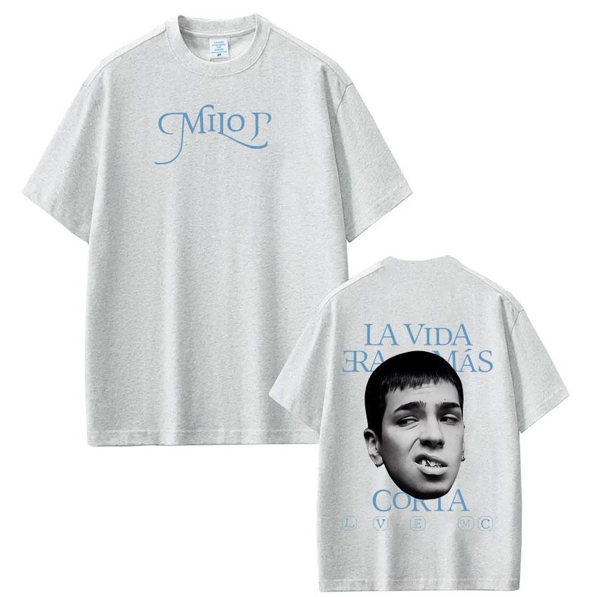 New Album Graphic Tshirt of Rapper Milo J La Vida Era Mas Corta for SpringSummer 2026fashion Hiphop Cotton Shortsleeved Top