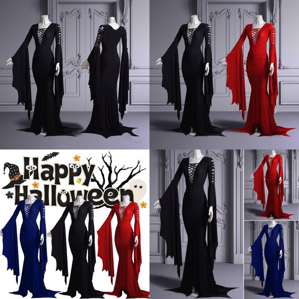 Trendy New Halloween Sexy V Neck Dress With Flare Sleeves Available In Red Black And Blue Sizes S To 5xl For A Chic Retro Look