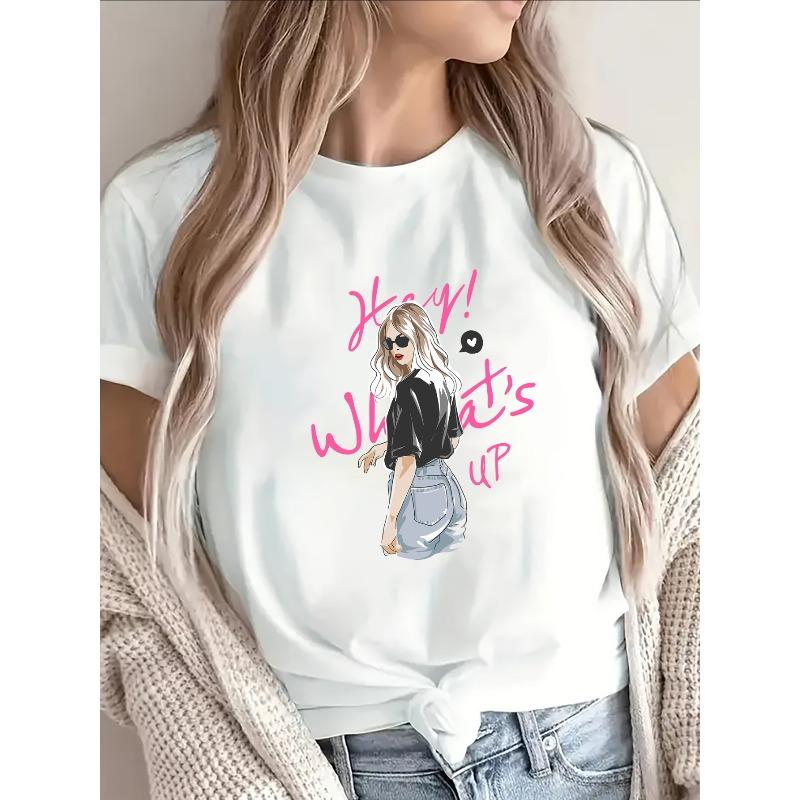 Ladies  Cotton Short Sleeve T-Shirt with Bold Pink Graphic Print Hey Whats Up? Featuring Trendy Illustration, S