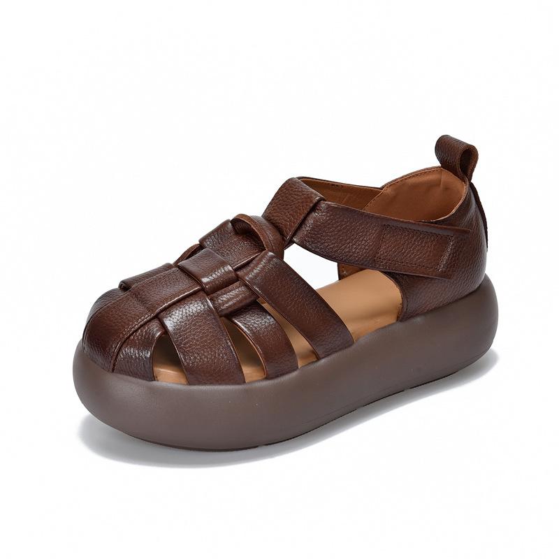 

Johnature Lightweight Thick Soled Genuine Leather Hollow-out Sandals Cowhide Women s Flat Platform Shoes 38 коричневий