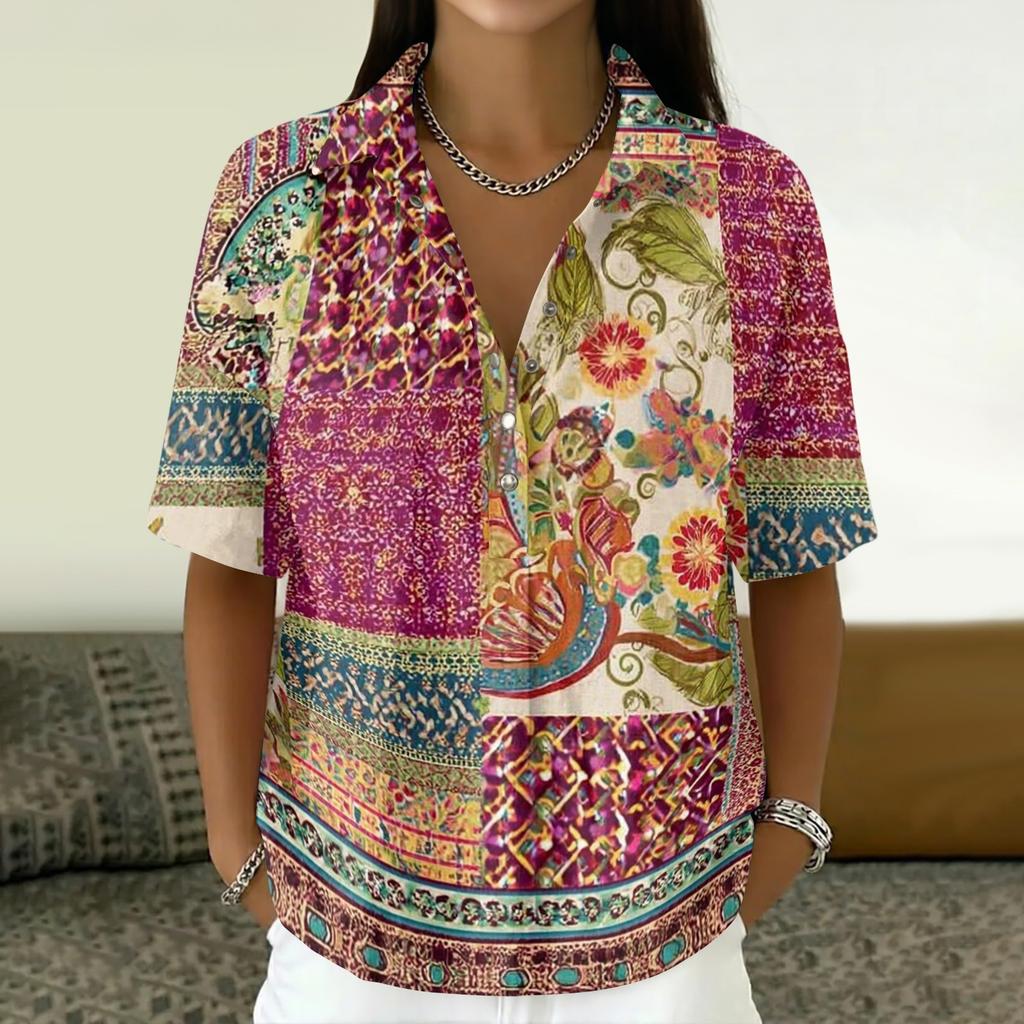 Damen Vintage Blumenmuster Polohemd Knopfleiste Kurzarm Lockerer Schnitt Lässiges Oberteil aus Baumwoll-Leinen-Stoff