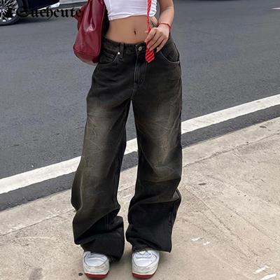 Jeans mit niedriger Taille für Frauen Goth Y2k Style Baggy Jeans Punk New Jeans Jeans mit weitem Bein Kpop Casual Loose Streetwear