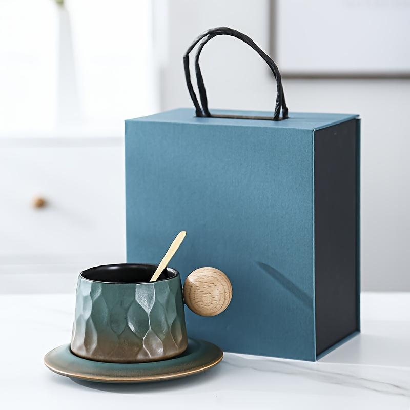 Elegantes Grün mit Farbverlauf Japanisches Keramik-Kaffeebecher-Set aus Ofenkeramik, Passende runde Tassen mit Holzgriffen, Wiederverwendbar, Maschinenwaschbar, Tee oder Kaffee,