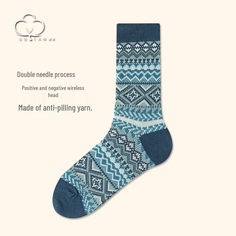 Men's Retro Diamond Stripe Ethnic Long Socks - Trendy Double Needle Design.