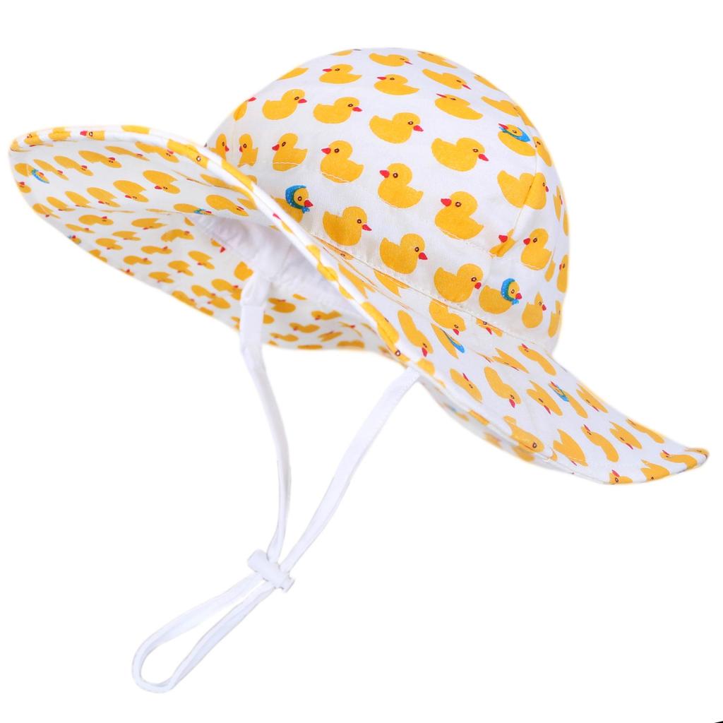 Yellow Duck Print Cotton Baby Sun Hat - Spring/Summer Wide Brim