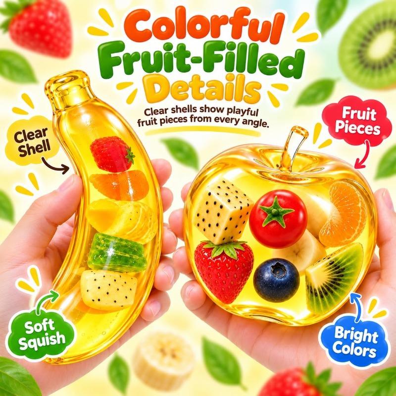 Fruit Filled Squishy Toy, Clear Apple Banana Coconut Oil Squishy with Fruit Inside Soft Durable Slow Rising for Stress Relief