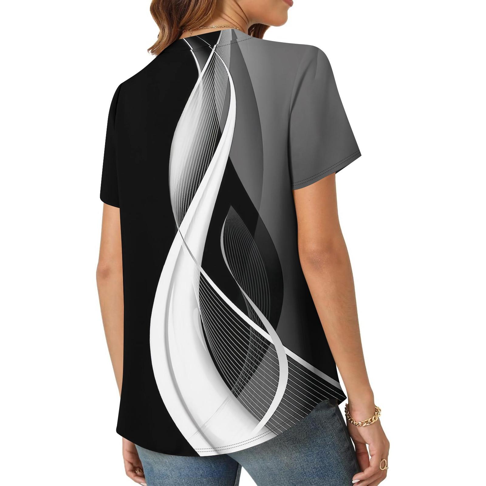 Женская повседневная свободная футболка с коротким рукавом и v-образным вырезом на груди — фото 11