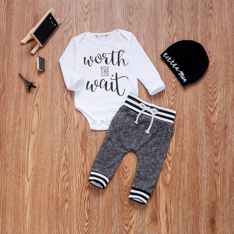 Newborn Infant Kid Baby Boy Girl Autumn Long Sleeve Tops Romper Jumpsuit Long Pants Hat Baby Clothes Outfits 3Pcs Set