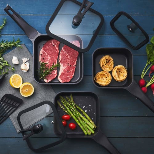 Doshisha sutto square frying pan, 20 x 6 cm, compatible with all heat sources (gas and induction), black, deep type