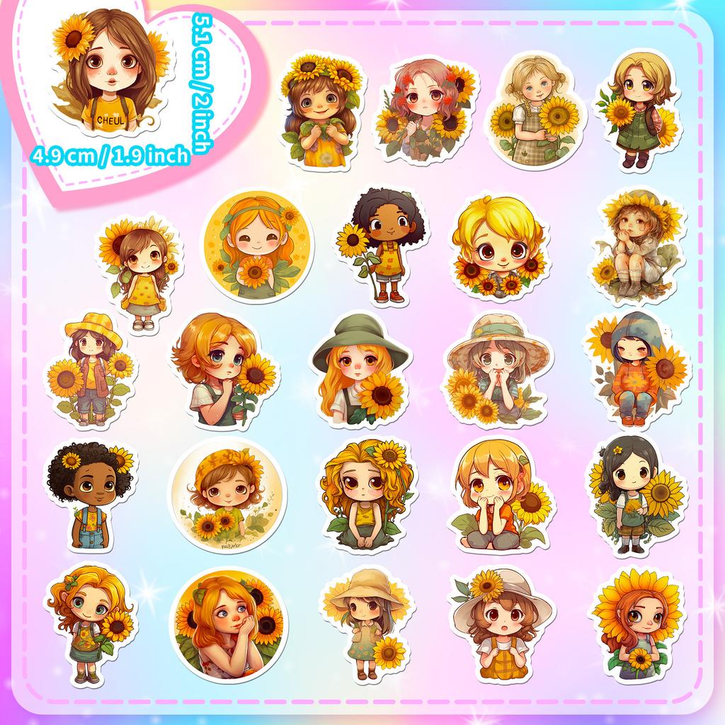 50 Sunflower Girl Stickers Sunflower Creative Cartoon Little Daisy Girl Stickers Summer Fresh