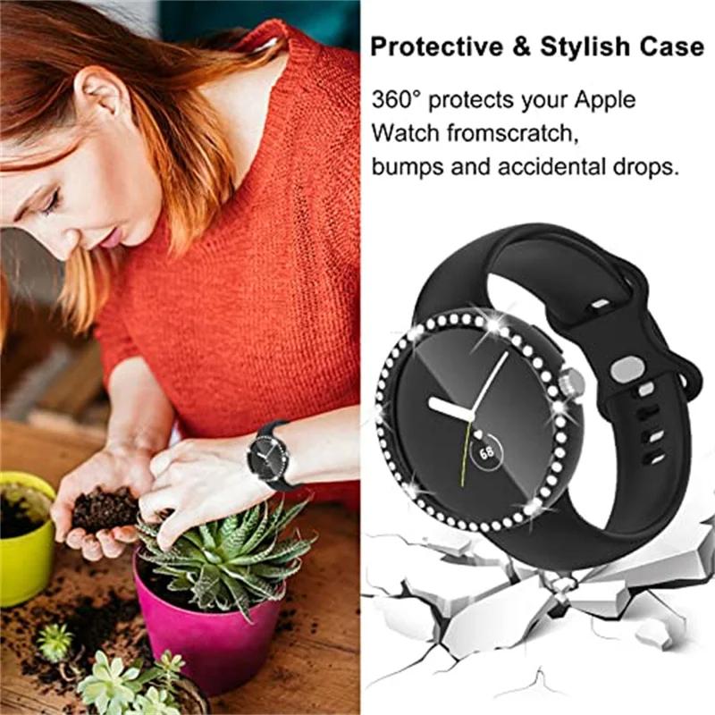 Diamond Case with Temepred Glass for Google Pixel Watch PC Bumper Screen Protector Women Full Bling Cover for Google Pixel Watch Accessories