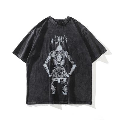 Camiseta Retro de Calle Americana Verano Nuevo Japonés Ukiyo-E Pintada Chica Tatuaje Manga Corta Hombres y Mujeres Holgada Tendencia