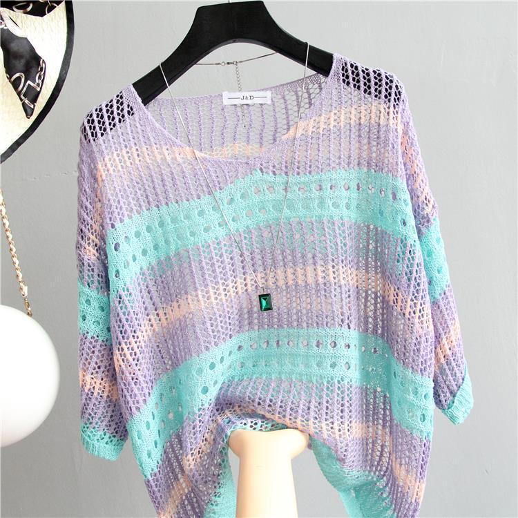 Women's Knitted Shirt Summer Sunscreen Air Conditioning Shirt Summer Women's Loose Retro Style Bottom Shirt Women