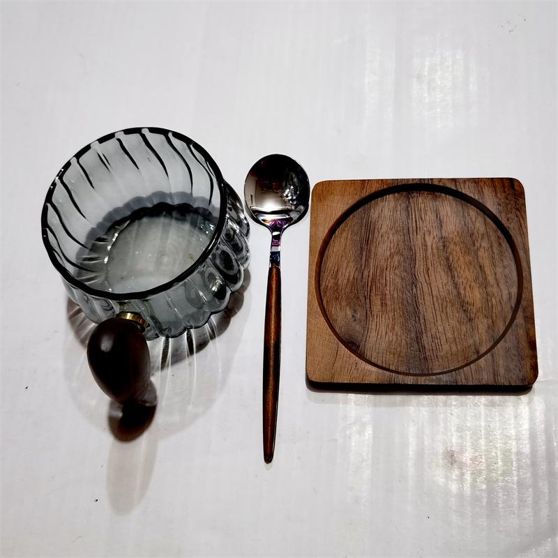 200ml Vintage Striped Glass Coffee Cup with Wooden Handle and Coaster | Aesthetic Coffee Shop Style Mug for Home & Cafe