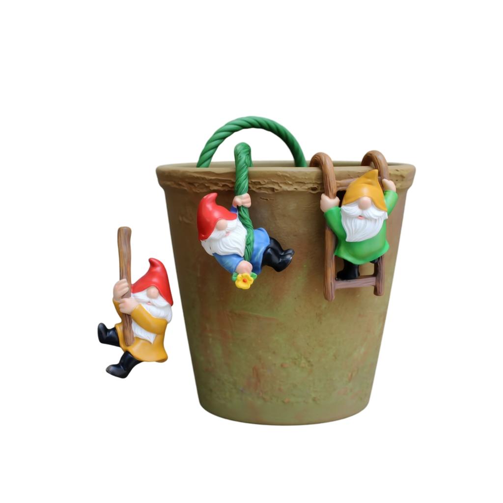 3pc Garden Gnome Set Climbing Ladder and Rope Decorative Figurines Hanging On Flower Pot Outdoor Indoor Ornament