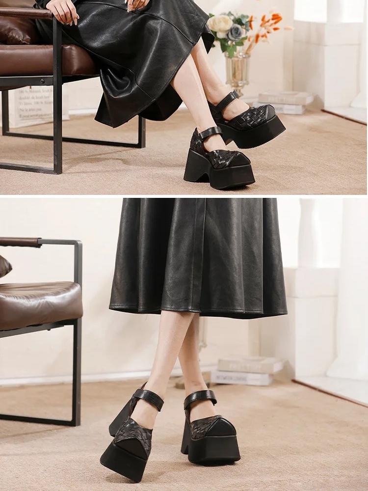 Johnature Cowhide Woven Thick Soled 10cm High Heels Shoes Retro Genuine Leather Women Wedge Sandals
