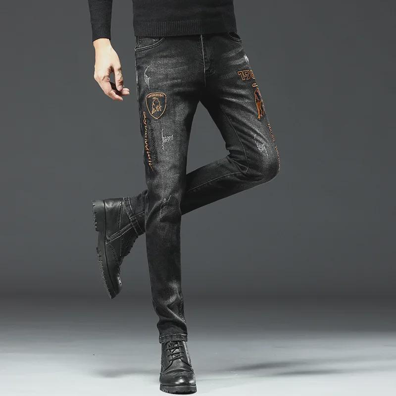 Trendy European Men's Black Slim Fit Skinny Jeans with Calf Embroidery