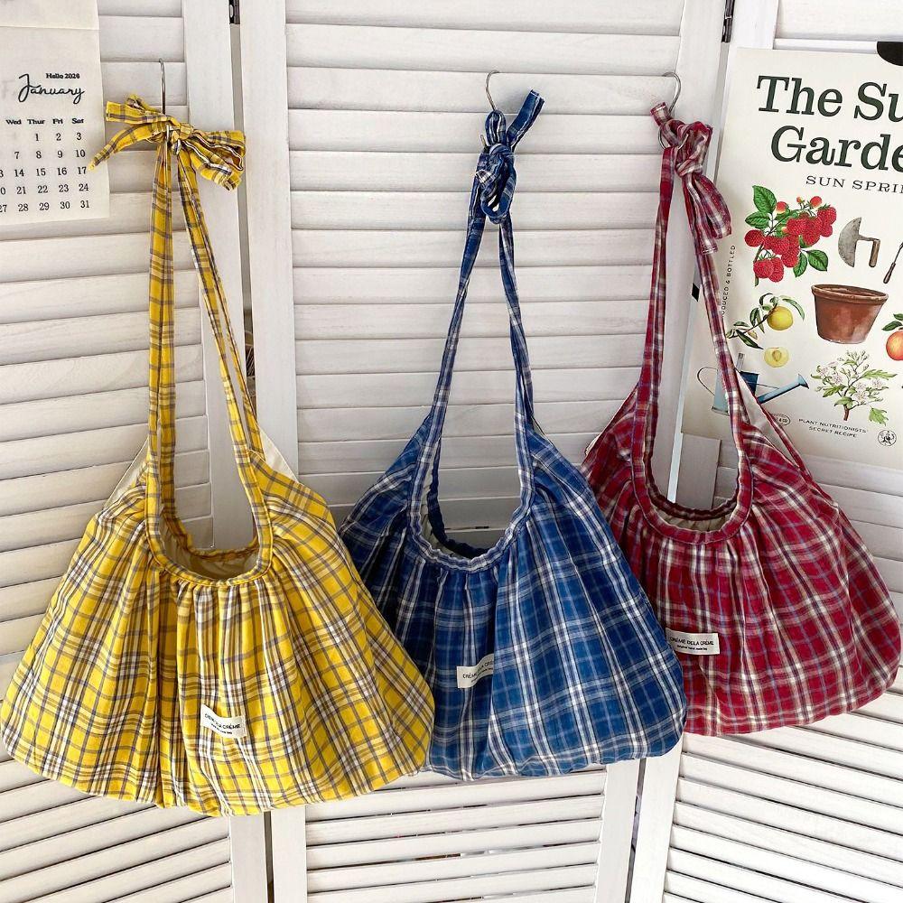 Retro Korean Style Plaid Crossbody Bag Prined Lightweight Pleated Shoulder Bag Large Capacity Canvas Dumpling Bag Daily