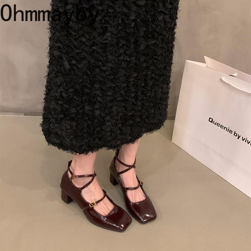 Designer Cross Strap Women Mary Jane Shoes Fashion Shallow Square Toe Shoes Concise Square Heels Shoes