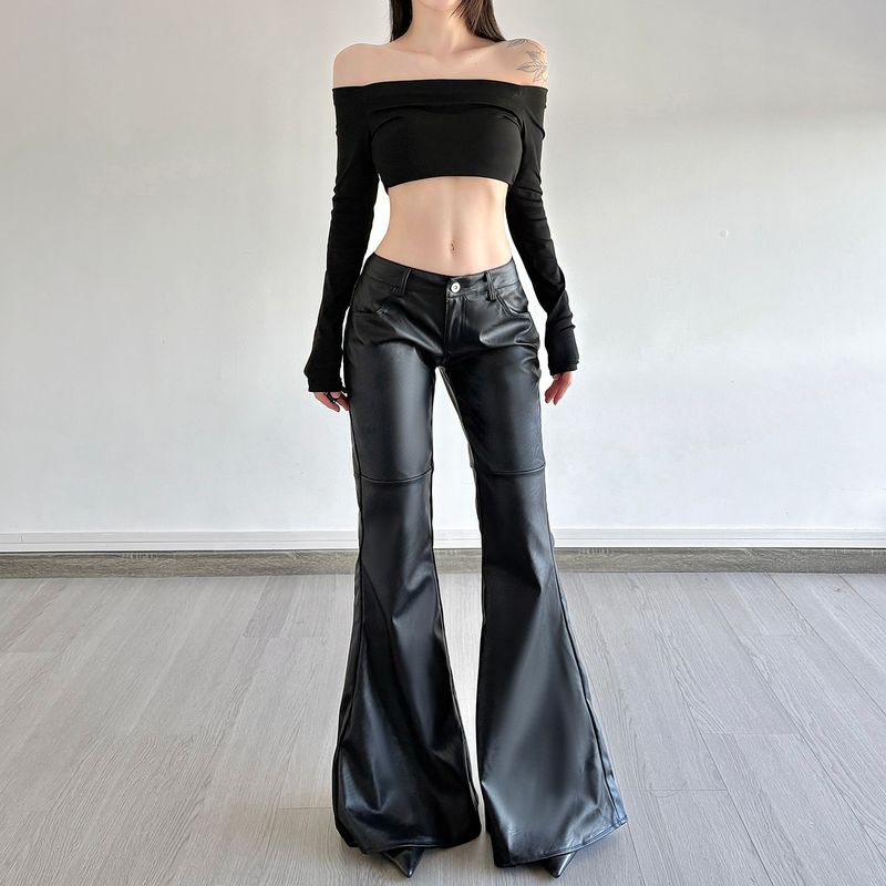 

H Домашняя Европейская и Американская Женская Одежда Крутые Темные Американские С Разрезом Низкая Посадка Сексуальные Кожаные Брюки Модные Приталенные Черные Брюки Клеш Black L