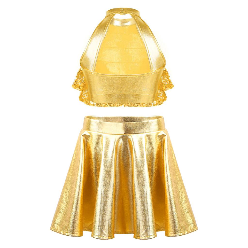 Kids Girls Stage Performance Set: Shiny Sequin Tiered Backless Crop Top & Metallic Ruffled Skirt for Dance Shows